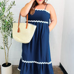 Bold & Sassy Navy Square Neck Ric Rac Trim Adjustable Straps Maxi