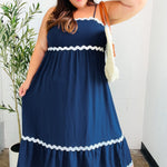 Bold & Sassy Navy Square Neck Ric Rac Trim Adjustable Straps Maxi