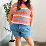 Pretty In Pink & Blue Striped Netted Crochet Dolman Sweater Top