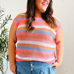 Pretty In Pink & Blue Striped Netted Crochet Dolman Sweater Top