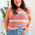 Pretty In Pink & Blue Striped Netted Crochet Dolman Sweater Top