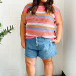 Pretty In Pink & Blue Striped Netted Crochet Dolman Sweater Top