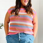 Pretty In Pink & Blue Striped Netted Crochet Dolman Sweater Top