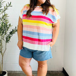 Feeling Playful Blue & Fuchsia Striped Short Dolman Sleeve Knit Top