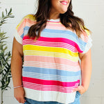 Feeling Playful Blue & Fuchsia Striped Short Dolman Sleeve Knit Top