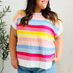 Feeling Playful Blue & Fuchsia Striped Short Dolman Sleeve Knit Top