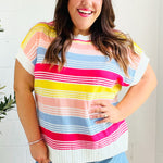 Feeling Playful Blue & Fuchsia Striped Short Dolman Sleeve Knit Top