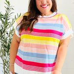 Feeling Playful Blue & Fuchsia Striped Short Dolman Sleeve Knit Top