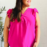 Summer Days Fuchsia Banded V Neck Flutter Sleeve Top