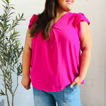 Summer Days Fuchsia Banded V Neck Flutter Sleeve Top