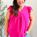 Summer Days Fuchsia Banded V Neck Flutter Sleeve Top