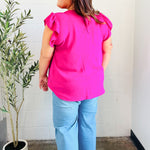 Summer Days Fuchsia Banded V Neck Flutter Sleeve Top