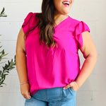 Summer Days Fuchsia Banded V Neck Flutter Sleeve Top