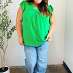 Sunny Days Kelly Green Banded V Neck Flutter Sleeve Top