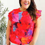 Look of Love Red & Fuchsia Floral Smocked Ruffle Frill Sleeve Top