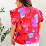 Look of Love Red & Fuchsia Floral Smocked Ruffle Frill Sleeve Top