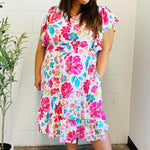 Hello Beautiful Ivory & Fuchsia Floral Sequin Smock Waist Midi Dress