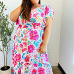 Hello Beautiful Ivory & Fuchsia Floral Sequin Smock Waist Midi Dress