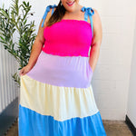 Vacay Vibes Hot Pink & Blue Smocked Color Block Maxi Dress