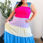 Vacay Vibes Hot Pink & Blue Smocked Color Block Maxi Dress