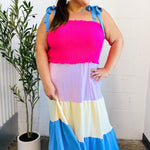 Vacay Vibes Hot Pink & Blue Smocked Color Block Maxi Dress