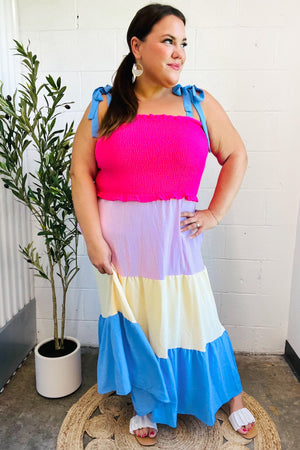 Vacay Vibes Hot Pink & Blue Smocked Color Block Maxi Dress