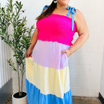 Vacay Vibes Hot Pink & Blue Smocked Color Block Maxi Dress