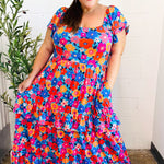 Follow Me Aqua Floral Print Square Neck Tiered Ruffle Maxi Dress