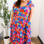 Follow Me Aqua Floral Print Square Neck Tiered Ruffle Maxi Dress