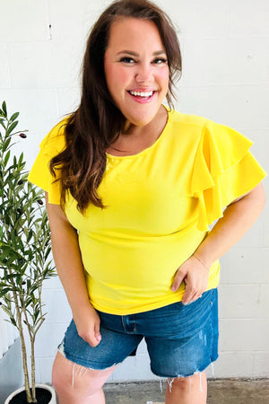 Lovely In Yellow Tiered Double Ruffle Sleeve Woven Top