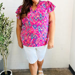 Eyes On You Fuchsia Boho Ikat Print Frill Notch Neck Top