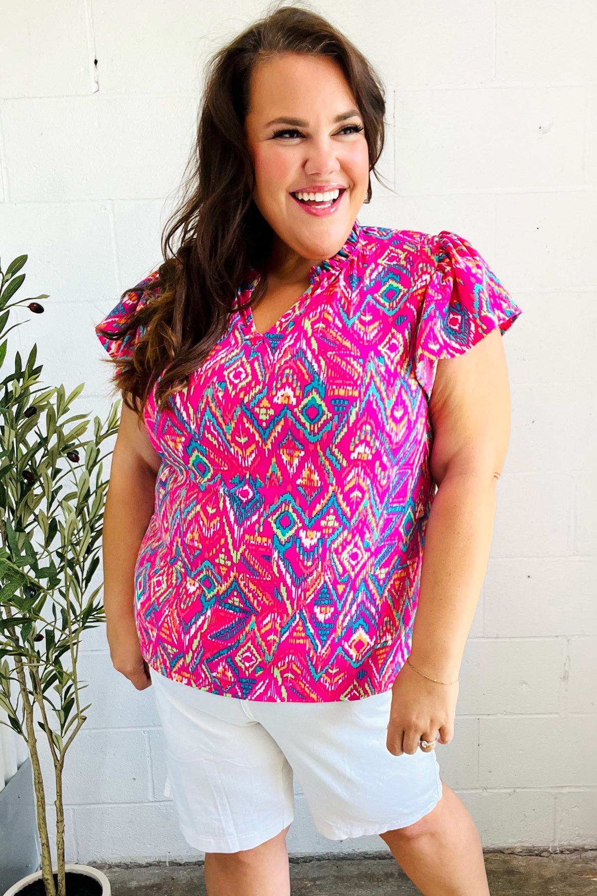 Eyes On You Fuchsia Boho Ikat Print Frill Notch Neck Top