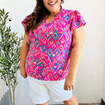 Eyes On You Fuchsia Boho Ikat Print Frill Notch Neck Top