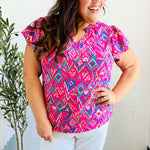 Eyes On You Fuchsia Boho Ikat Print Frill Notch Neck Top