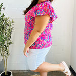 Eyes On You Fuchsia Boho Ikat Print Frill Notch Neck Top