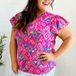 Eyes On You Fuchsia Boho Ikat Print Frill Notch Neck Top