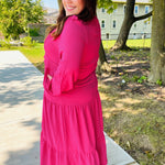 Beautiful You Berry Pintuck Detail Frill V Neck Maxi Dress