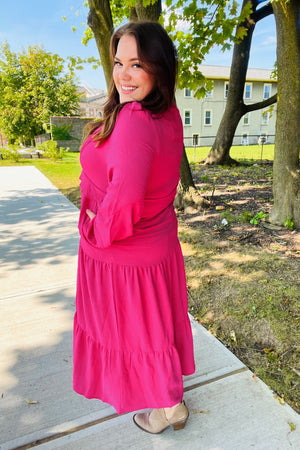 Beautiful You Berry Pintuck Detail Frill V Neck Maxi Dress