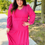 Beautiful You Berry Pintuck Detail Frill V Neck Maxi Dress