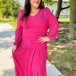 Beautiful You Berry Pintuck Detail Frill V Neck Maxi Dress