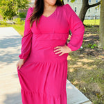 Beautiful You Berry Pintuck Detail Frill V Neck Maxi Dress