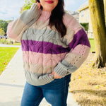 Fall For You Mauve Multicolor Stripe Cable Knit Mock Neck Sweater