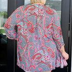 Lizzy Cardigan in Grey and Coral Paisley