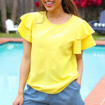 Lovely In Yellow Tiered Double Ruffle Sleeve Woven Top