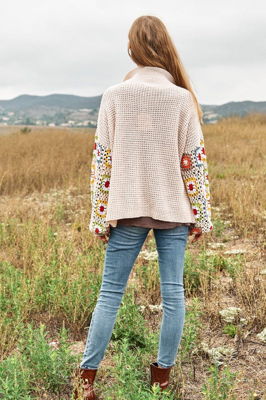 Crochet Floral Printed Long Sleeve Knit Cardigan