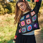 Floral Crochet Striped Sleeve Cropped Knit Sweater