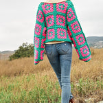 Two-Tone Floral Square Crochet Open Knit Cardigan