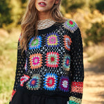 Floral Crochet Striped Sleeve Cropped Knit Sweater