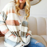 Ivory Striped Button Down Fuzzy Knit Cardigan