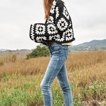 Two-Tone Floral Square Crochet Open Knit Cardigan